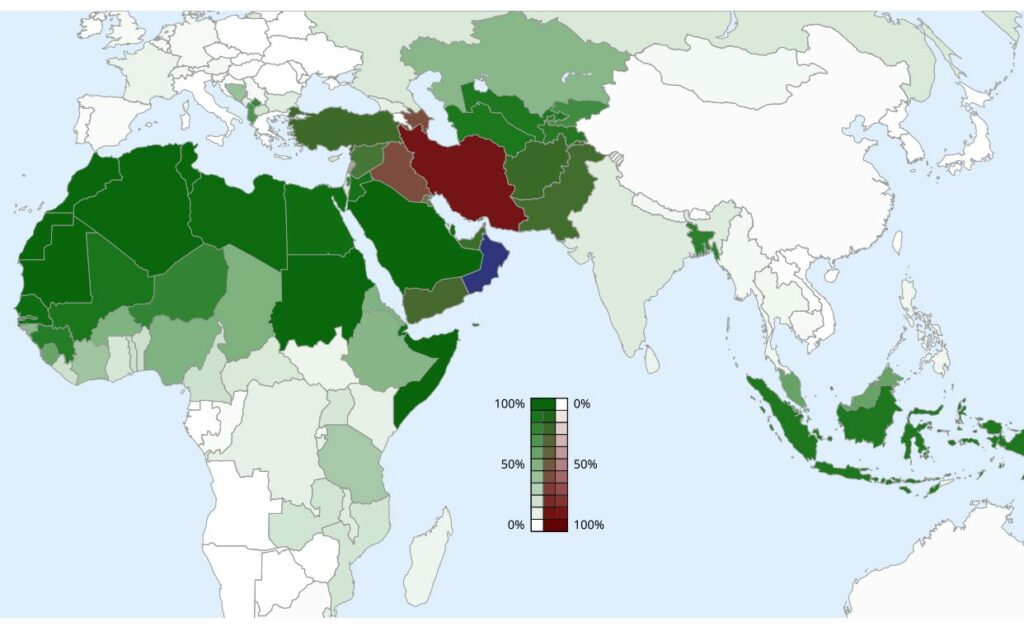 Map of Islam in Asia and Africa, Sunnis Shi'is and Ibadis